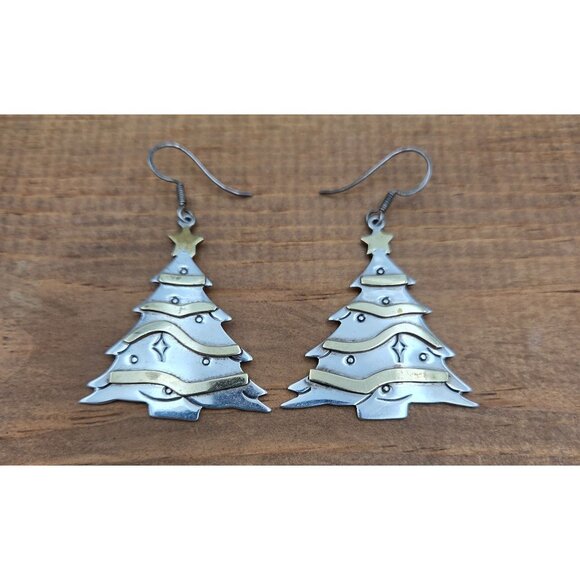Earrings Sterling Silver & Brass Christmas Tree Star Top Dangle Vintage 14g - Picture 3 of 8
